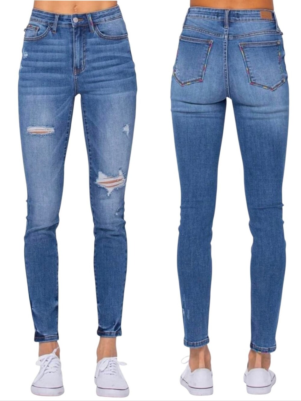 Judy Blue Lexi Embroidered Pocket Distressed High Rise Skinny Jeans 32 15